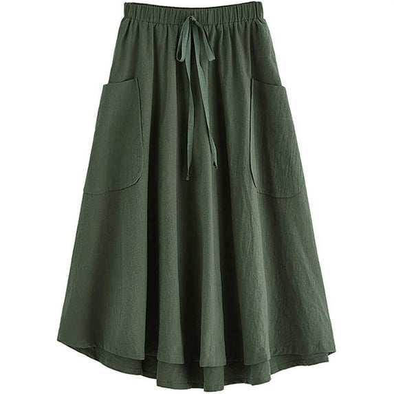 YUEJUIR Skirts for Women Women's Casual High Waist Pleated A Line Midi Skirt with Pocket Skirts Linen Skirt Skirts for Women Trendy Summer (AG,XXL)