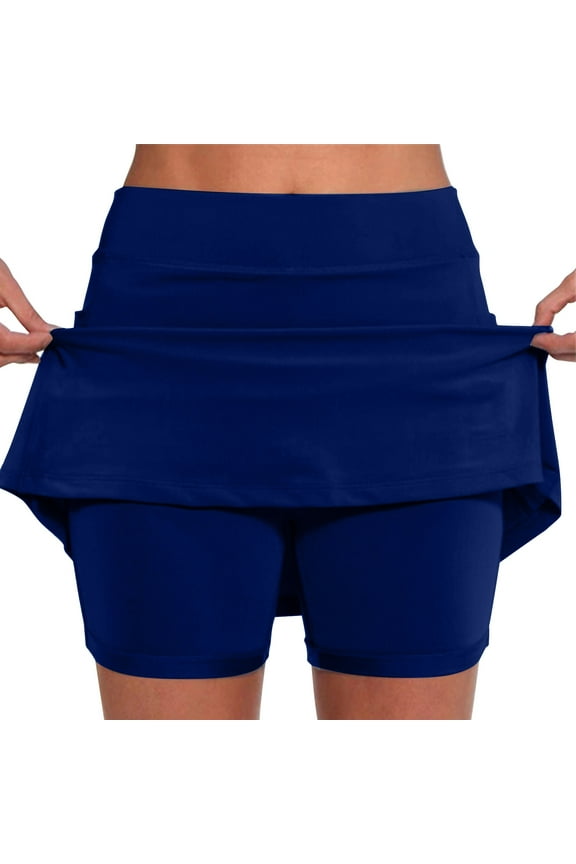 Skorts for Women Dressy Casual Pocket Pants Solid Color Mid Waist Short Sport Skirts Tennis Skorts (Dark Blue,L)