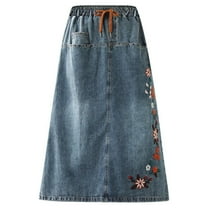 YUEJUIR Spring and Summer Half Skirt Elastic Waist A Line Skirt High Waist Embroidery Denim Retro Mid Length Style Slimming (Blue,M)
