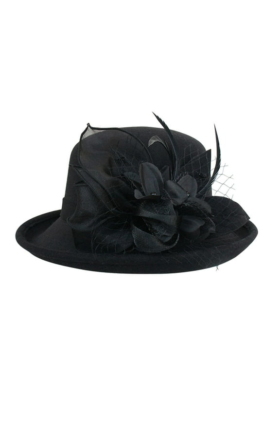 Vintage Cloche Hat Women Small Bowler Hat Felt Bowler Fedora Hat with Floral Fascinator for Kentucky Church Derby Wedding Party (Black,One Size)