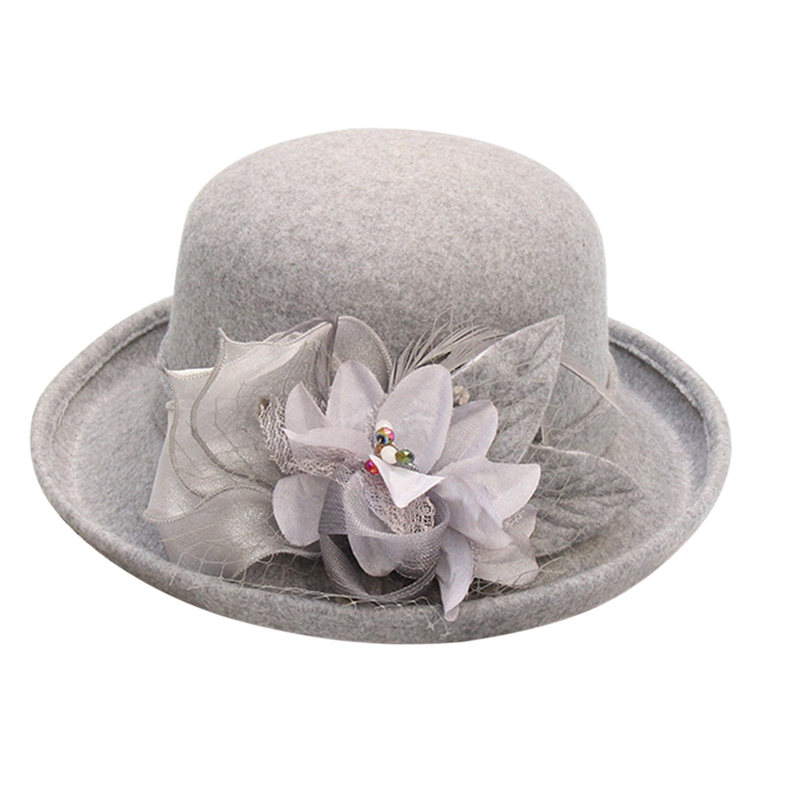 Wool Felt Bowler Hat with Flowers for Church Wedding Derby Women Vintage Wool Fel? Flowers Bucket Cloche Bowler Hat  main image 4