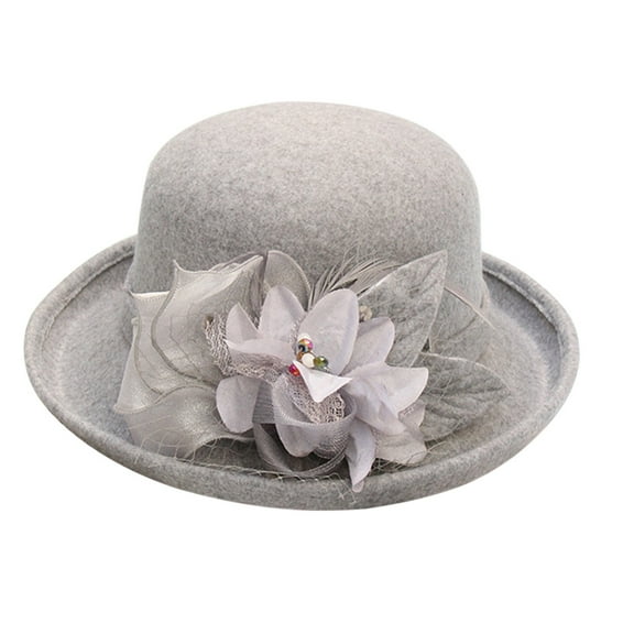 YUEJUIR Vintage Cloche Hat Women Small Bowler Hat Felt Bowler Fedora Hat with Floral Fascinator for Kentucky Church Derby Wedding Party (Gray,One Size)