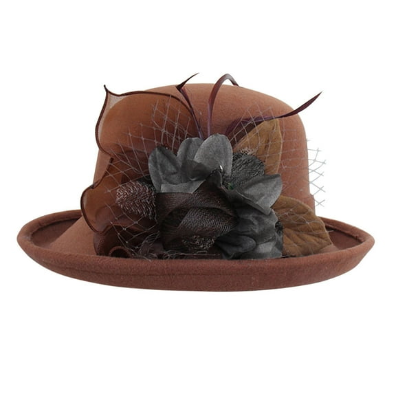 YUEJUIR Vintage Cloche Hat Women Small Bowler Hat Felt Bowler Fedora Hat with Floral Fascinator for Kentucky Church Derby Wedding Party (H,One Size)