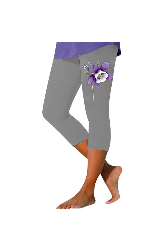 White Capris for Women Women's Fashion Casual Floral Print High Waist Elastic Capri Pants Leggings Womens Capri Pants Yoga Capris for Women Capri Pants (Gray,XXL)