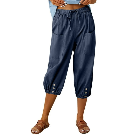YUEJUIR White Capris for Women Women's Spring And Summer Casual Seven Point Loose Drawstring High Waisted Cotton Bunches with Buttons Womens Capris with Pockets Yoga Capris for Women (Navy,XL)