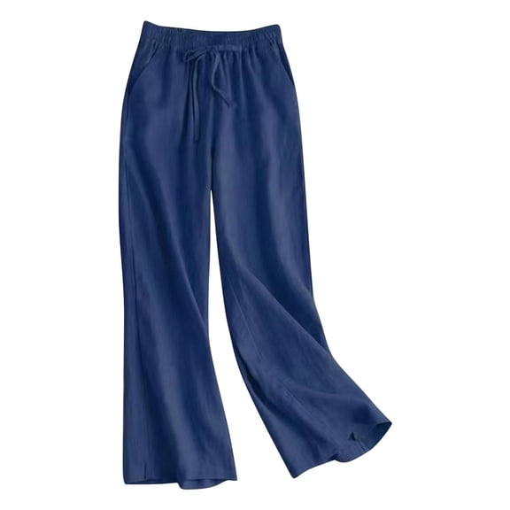 YUEJUIR Pants For Women Women Fashion Solid Color Cotton Flax Elastic Long Pants Beach Leisure Trousers Workout Pants Women Palazzo Pants For Women Cargo Capris For Women (Navy Blue,M)