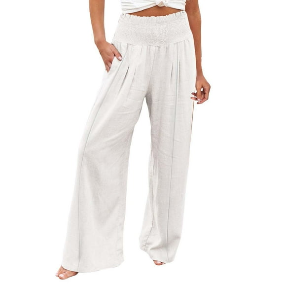 YUEJUIR Pants For Women Women Summer High Waisted Cotton Linen Palazzo Pants Wide Leg Long Pant Trousers With Pocket Workout Pants Women Womens Work Pants Cargo Capris For Women (White,XXL)
