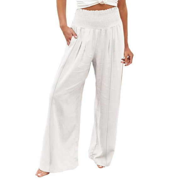YUEJUIR Women Pants Women Summer High Waisted Cotton Linen Palazzo Pants Wide Leg Long Pant Trousers With Pocket Linen Pants White Pants Womens Pants Dressy Casual (White,XXXL)