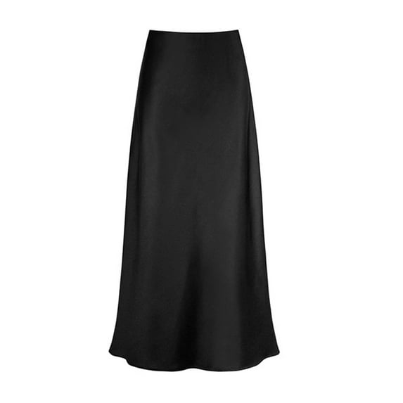 YUEJUIR Women'S Skirt Stretch Waist High Solid Satin Dress (Black,M)