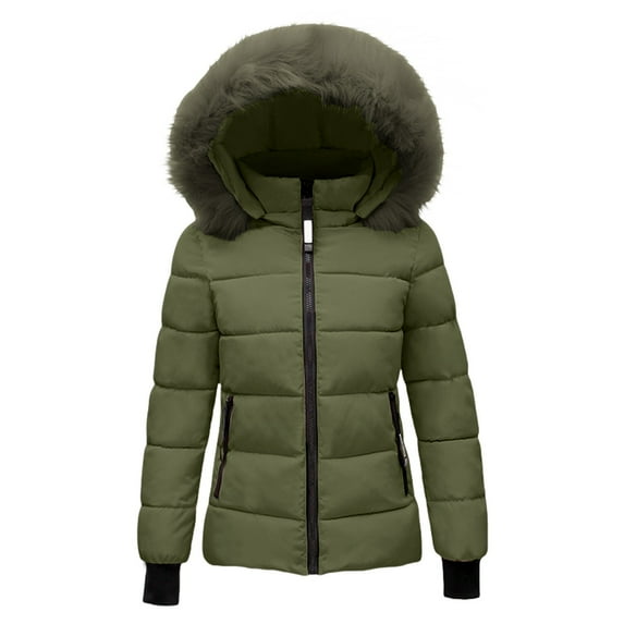 YUEJUIR Women's 2024 Warm Parka Jacket Short Quilted Waterproof Coat With Faux Fur Hood Sizes M-4Xl Lightweight Winter Outwear(Army Green,L)