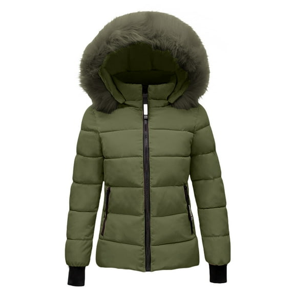 YUEJUIR Women's 2024 Warm Parka Jacket Short Quilted Waterproof Coat With Faux Fur Hood Sizes M-4Xl Lightweight Winter Outwear(Army Green,L)