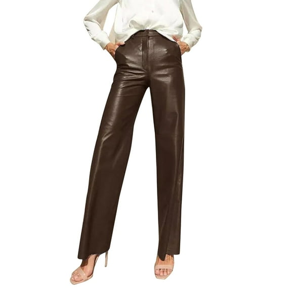 YUEJUIR Women's Jeans 2024 Winter Women Clothes Solid Hot Elegance Streetwear Skinny High Waist Trousers Faux Pu Leather Women Straight Pants Flare Jeans for Women (Coffee,S)
