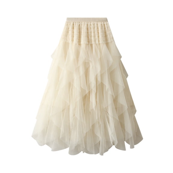 YUEJUIR Women's Mesh Skirt Solid Color A-Line Skirts Fluffy Irregular Ruffle Cake Skirt (Beige,One Size)