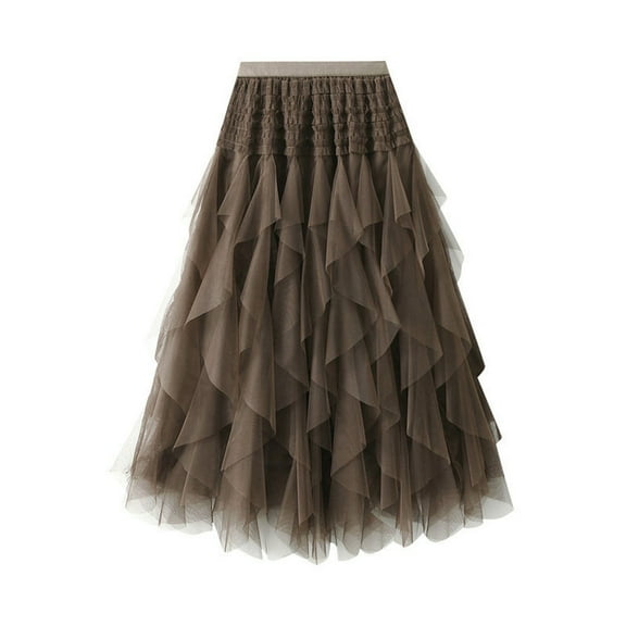 YUEJUIR Women's Mesh Skirt Solid Color A-Line Skirts Fluffy Irregular Ruffle Cake Skirt (Coffee,One Size)