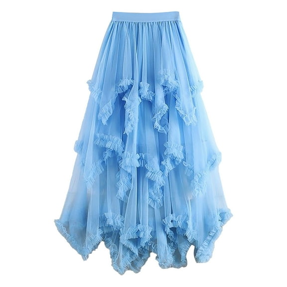 YUEJUIR Women's Tulle Skirt Ruffle Multilayer Mesh A Line Tier Tutu Prom Wedding Long Tulle Skirts (Blue,One Size)