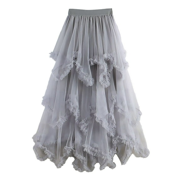 YUEJUIR Women's Tulle Skirt Ruffle Multilayer Mesh A Line Tier Tutu Prom Wedding Long Tulle Skirts (Grey,One Size)
