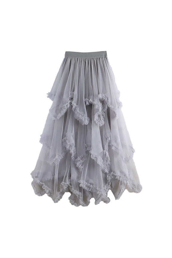 Women's Tulle Skirt Ruffle Multilayer Mesh A Line Tier Tutu Prom Wedding Long Tulle Skirts (Grey,One Size)