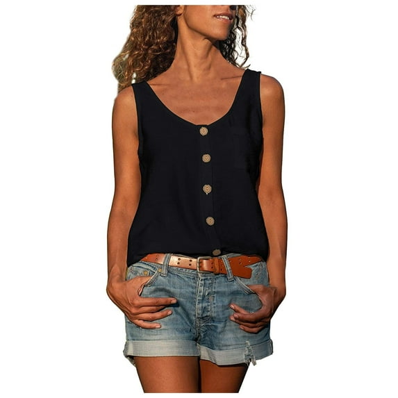 YUEJUIR Womens Business Casual Tops Women Button Down Tank Tops Scoop Neck Sleeveless T Shirts Blouses Loose Pocket Womens Going Out Tops Womens Dressy Tops Cotton Tops for WomenBlack