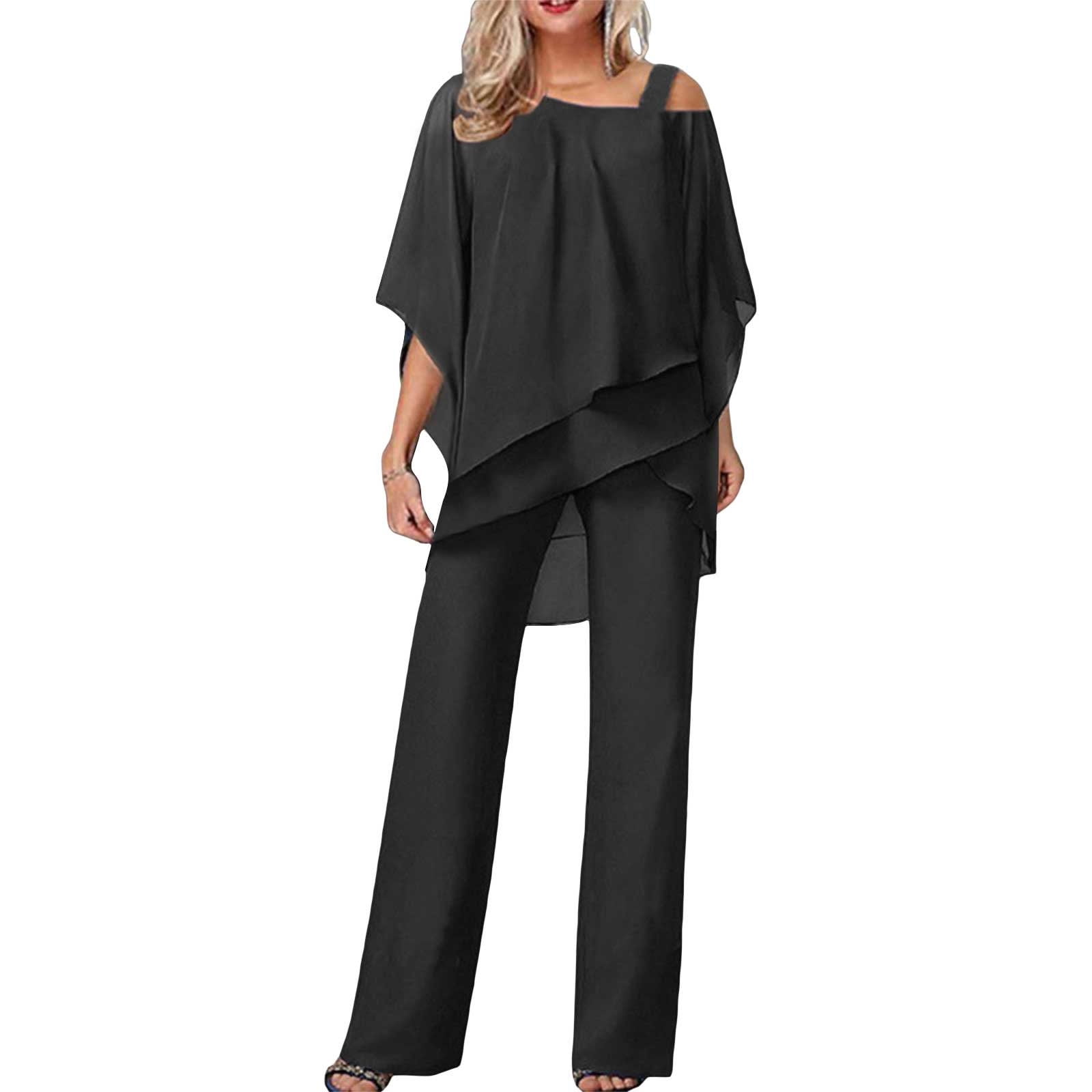 Sleeveless Top and Pants Chiffon Set with Shawl Black