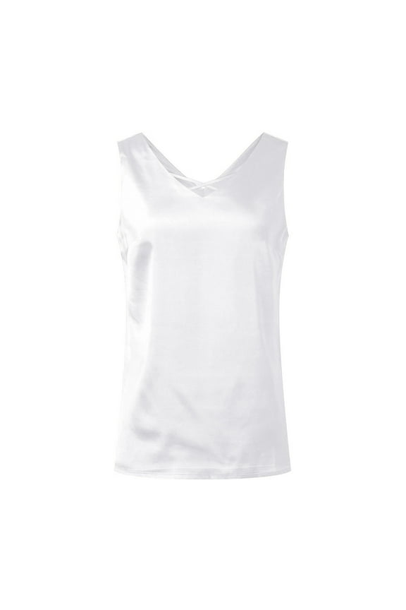 Womens Tops Tank for Women V Neck Silk Summer Satin Sleeveless Blouse Basic Camisole Shirts Womens Tank Tops Loose Fit Tank (White,XXL)