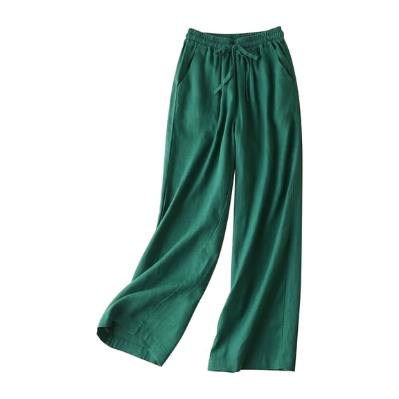 YUEJUIR Wide Leg Pants Woman Women Fashion Solid Color Cotton Flax Elastic Long Pants Beach Leisure Trousers Harem Pants Womens Linen Pants Cargo Capris For Women (Green,XL)