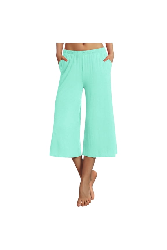 Womens Yoga Pants Capri Pants for Women Casual 2024 Summer Wide Leg High Waisted Pants Straight Wide Leg Cropped Trouser Yoga Pants Black Leggings Women (Mint Green,XXXL)
