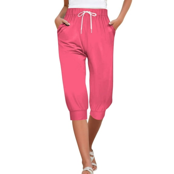 YUEJUIR Yoga Capris with Pockets for Women Shorts for Women 2024 Summer High Waisted Ruffle Shorts Floral Pleated Hem Casual Pants Beach Pants for Women Athletic Capris for Women (Hot Pink,L)