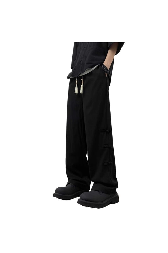 Adult Men Casual Pants Baggy Cargo Pants Men Denim National Style Ice Silk Wrinkled Casual Pants for Men in Summer Thin Loose Straight Leg Hanging Antique Style Pants