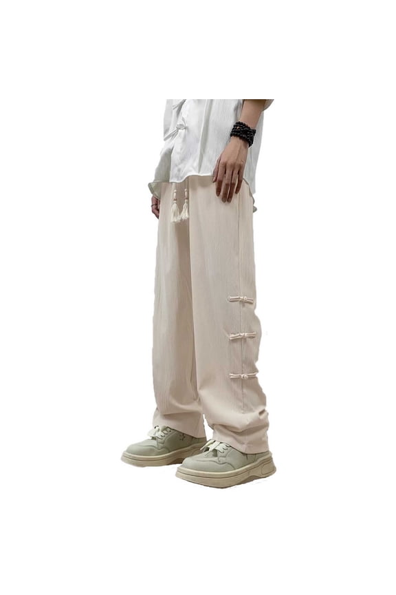 Adult Men Casual Pants Baggy Cargo Pants Men Denim National Style Ice Silk Wrinkled Casual Pants for Men in Summer Thin Loose Straight Leg Hanging Antique Style Pants