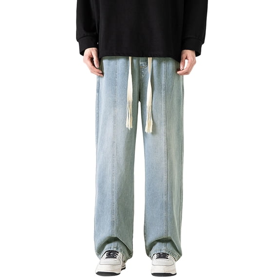 YUELONGHU Adult Men Casual Pants Cargo Pants for Men Mens High Street Washed Old Jeans Gradual Loose Straight Tube Floor Sweeping Wide Leg Pants