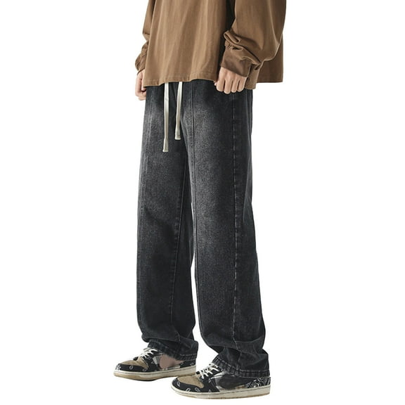 YUELONGHU Adult Men Casual Pants Men Casual Pants Relaxed Fit Mens High Street Washed Old Jeans Gradual Loose Straight Tube Floor Sweeping Wide Leg Pants