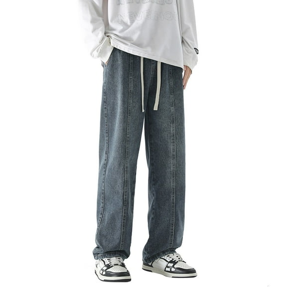YUELONGHU Adult Men Casual Pants Men Casual Pants Relaxed Fit Mens High Street Washed Old Jeans Gradual Loose Straight Tube Floor Sweeping Wide Leg Pants