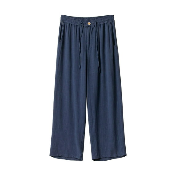 YUELONGHU Adult Men Casual Pants Mens Casual Pants Stretch Waist Linen Casual Pants Men's Solid Color Straight Loose Japanese Pants Men's Wide Leg Pants