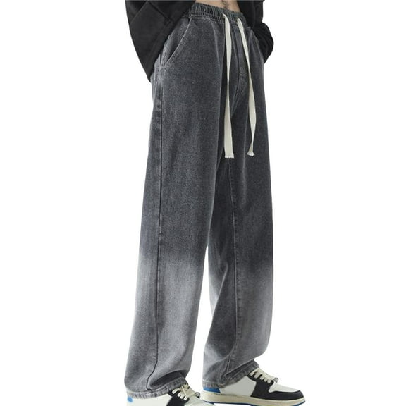 YUELONGHU Adult Men Casual Pants Work Pants for Men Male Gradient Jeans Casual Loose Straight Leg Wide Leg Pants with Elastic Waist and Floor Length Pants Casual Pants