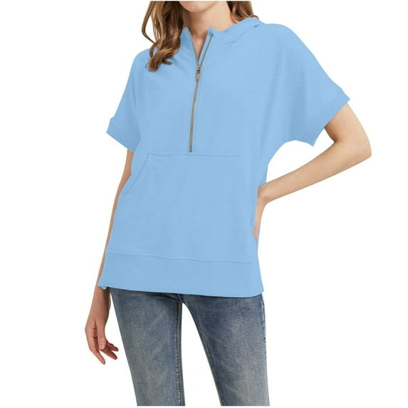 YUELONGHU Women Casual Hoodie Lightweight Hoodies for Women Zip up Women's Fashion Casual Solid Color Casual Short Sleeved Hoodie Top S