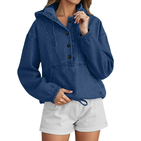 YUELONGHU Women Casual Hoodie Zip up Hoodie Women Oversized Cute Denim Hooded Button down Jacket Casual Pullover Sweatshirt Top with Front Pockets for Streetwear Fashion L