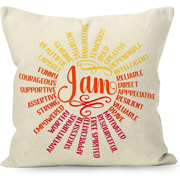 YUESHARE Inspirational Quotes I Am Beautiful Strong Worthy Empowered Woman Teenage Girls Linen Throw Pillow Cover, Motivational Gifts for Home Room Bed Sofa Decorations Decor (18 x 18 Inch)