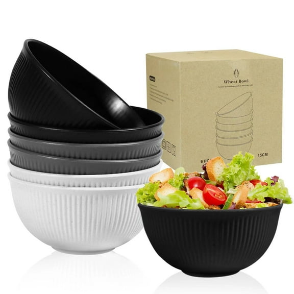 YUESHENGHAO 6 Non-breakable Wheat Plastic Cereal Bowls 24oz / 5.9in Reusable Snack/Salad/Cereal Bowls, Microwave Dishwasher-Safe, BPA-Free, Perfect for Kids and Adults (Black and White Gray)