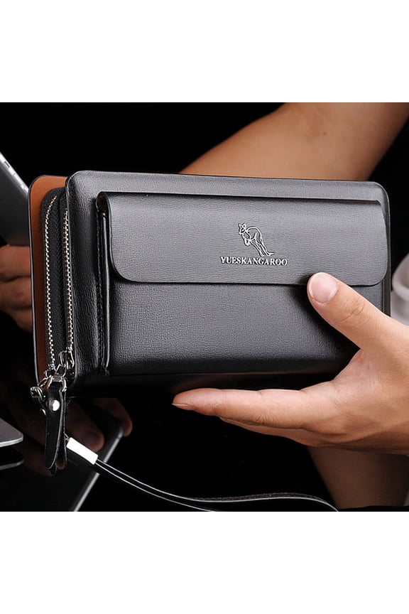 YUESKANGAROO Men Clutch Bag Fashion Long Purse Double Zipper Business Wallet Male Casual Bag Black