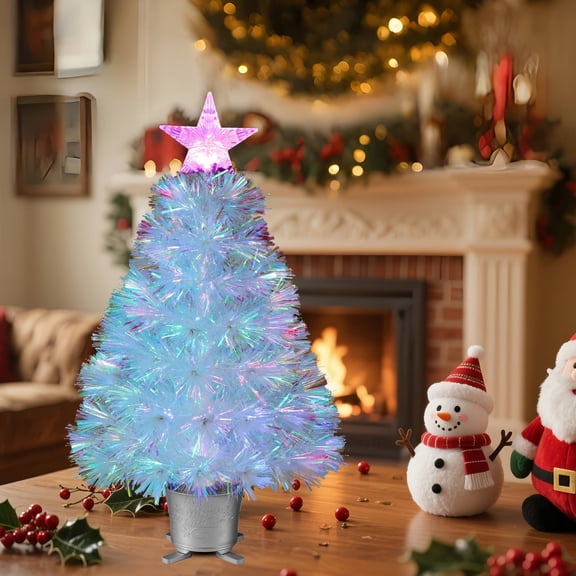 YUETJIN 24inch Color Pre-lit Mini Fiber Optic Tabletop Artificial Christmas Tree,Small Xmas Tree with Stars Decorations-transparent