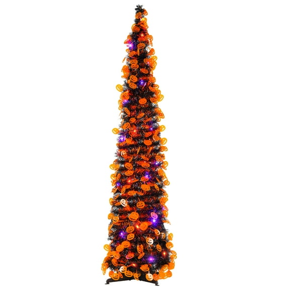 YUETJIN 5ft Collapsible black Halloween tree, purple orange 8 mode timed light pumpkin decoration ghost tree, suitable for family gatherings, parties, indoor and outdoor home decoration
