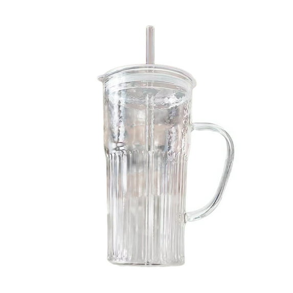 YUEVE for Women Button Ribbed Glass Cups With Lids And Ribbed Glass Cups With Handles Iced Coffee Glassware Transparent Reusable Drinking Utensils With Lids And Suitable For A