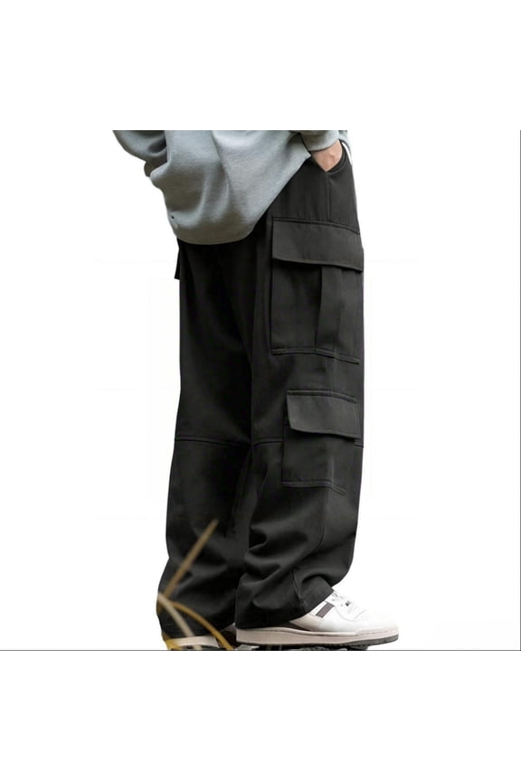 Cargo Pants for Men, Oversized Straight Leg Mid Rise Drawstring Closure Pants, Non‑Stretch Woven 100% Polyester Multi Pocket Utility Transitional Season Outdoor Casual Trousers