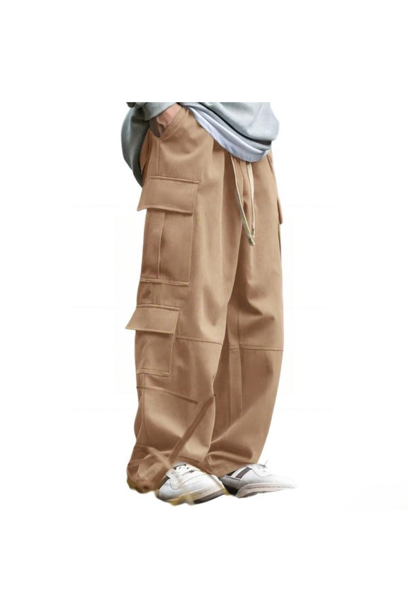 Cargo Pants for Men, Oversized Straight Leg Mid Rise Drawstring Closure Pants, Non‑Stretch Woven 100% Polyester Multi Pocket Utility Transitional Season Outdoor Casual Trousers