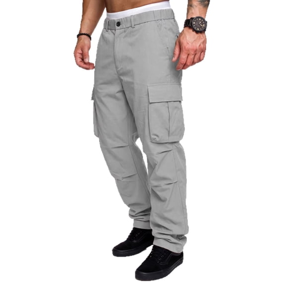 YUEVORA Cargo Pants for Men, Elastic Waist Multi Pocket Utility Pants, Straight Leg Casual Work Pants with Button Closure
