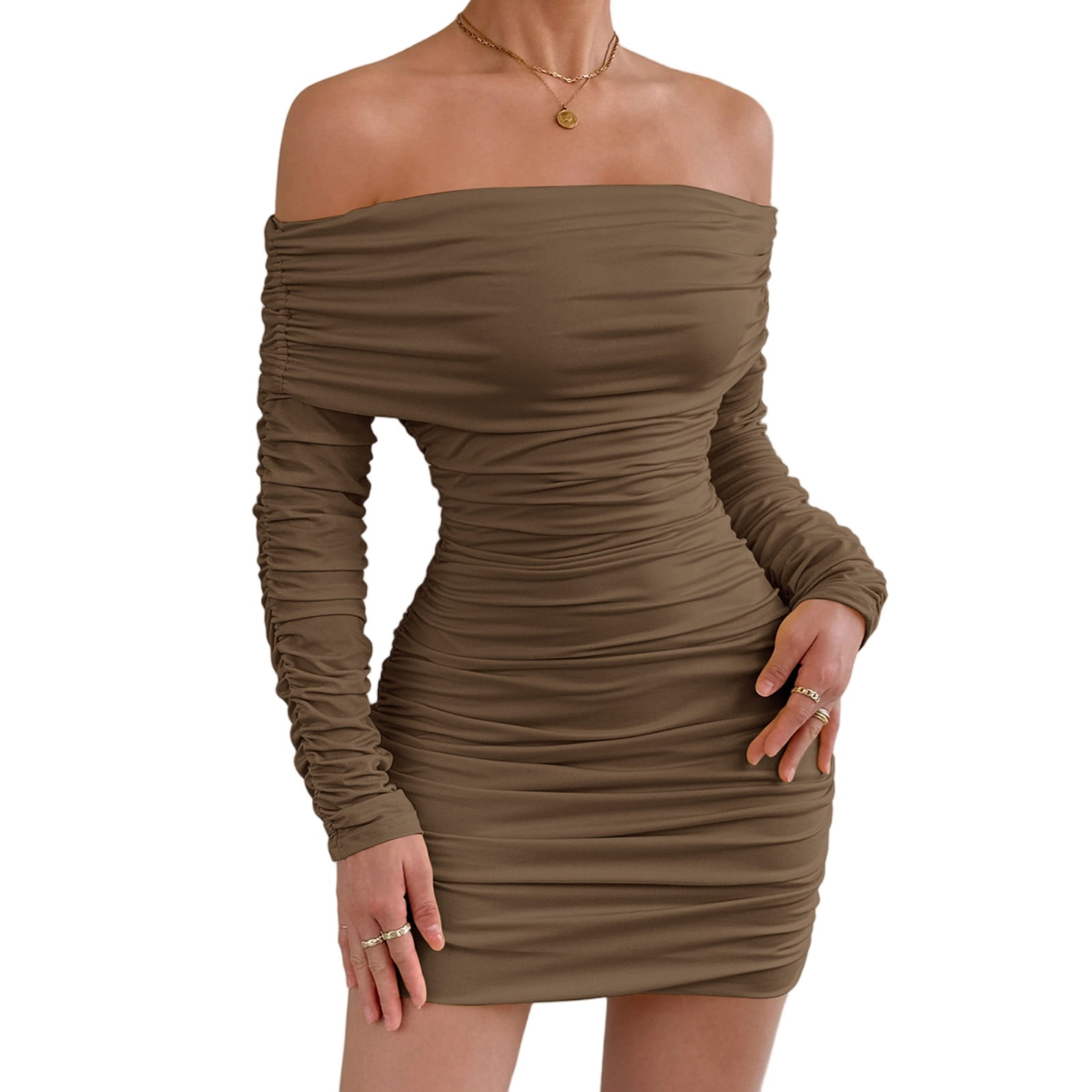 winter bodycon dress for women Yuevora Women, Boat Neck Long Sleeve Ruched Dress, Stretchy Pencil Fall Style, Casual Outfit for Party and Office Layering Color:Floral Green Perfect for Cold Weather victorian fashion Clinton's Portrait Has Hint