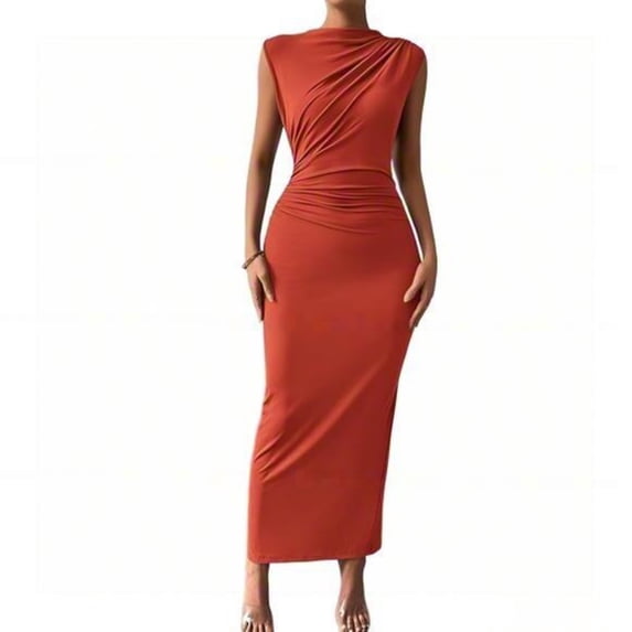YUEVORA Sleeveless Maxi Dress for Women, Ruched Bodycon Long Dress with Back Slit, Elegant Fitted Evening Gown and Formal Party Wear for Night Out.