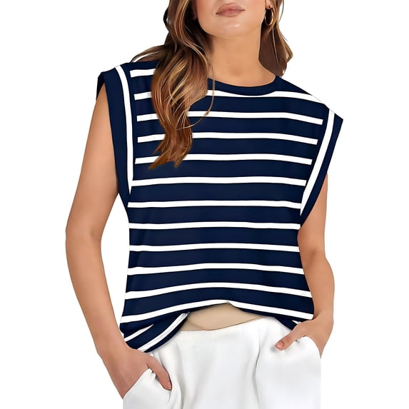YUEVORA Striped Sleeveless Tops for Women, Crew Neck Cap Sleeve Tops for Women, Casual Loose Fit Summer Tops, Basic Classic Striped Daily Office Wear T Shirts for Women