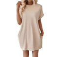 thumbnail image 1 of YUEVORA Women's Casual Solid Color Round Neck Short Sleeve T-Shirt Dress with Pockets, Loose Fit A-Line Dress for Spring & Summer, 1 of 5