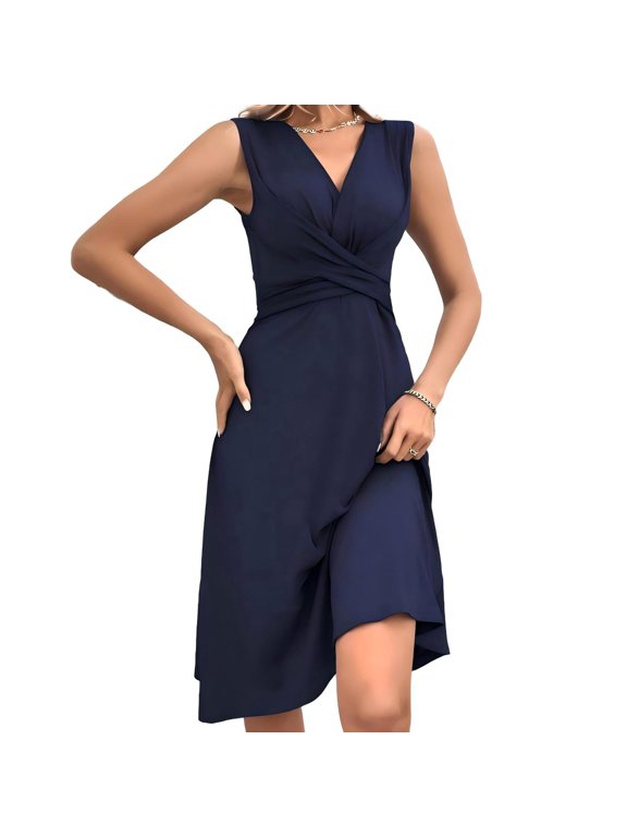 Women's Solid Color V-Neck Sleeveless Crisscross Waist Ruched A-Line Midi Dress for Casual and Formal Occasions
